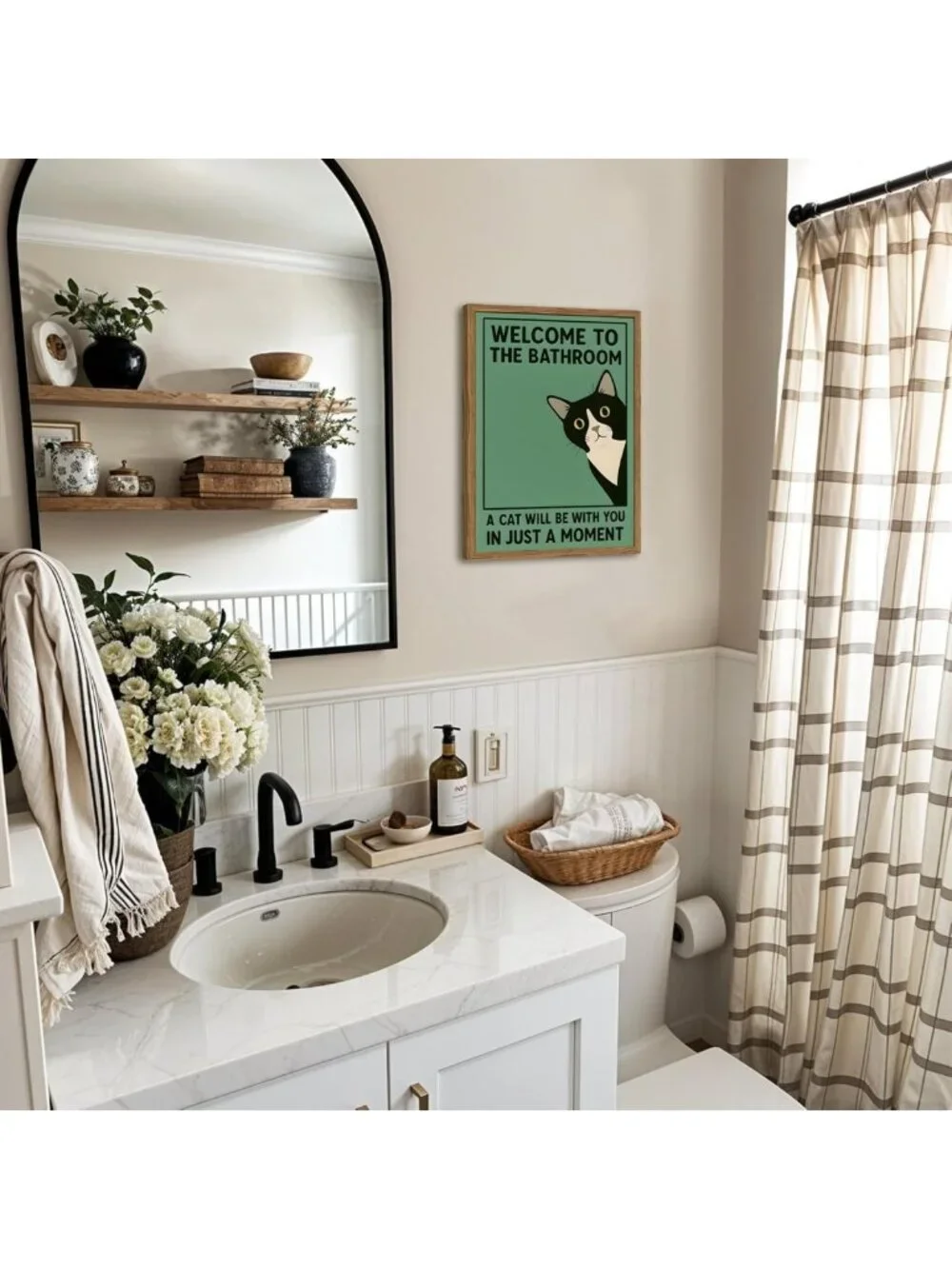 Quirky Tuxedo Cat Bathroom Wall Art - Cute Black & White Toilet Decor, 12x16